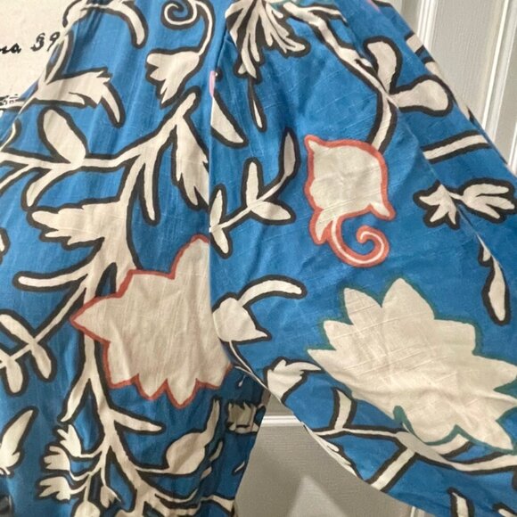 BLUE FLORAL RUFFLED WRAP MIDI DRESS BOHO CHIC SHORT SLEEVE  SZ M TRENDY - Picture 10 of 16